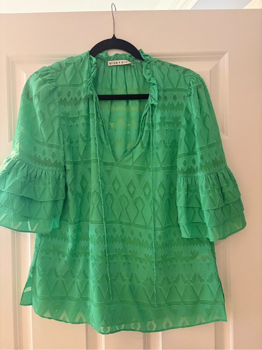 Alice + Olivia Mint Green Tiered Ruffle Sleeve Sheer Blouse